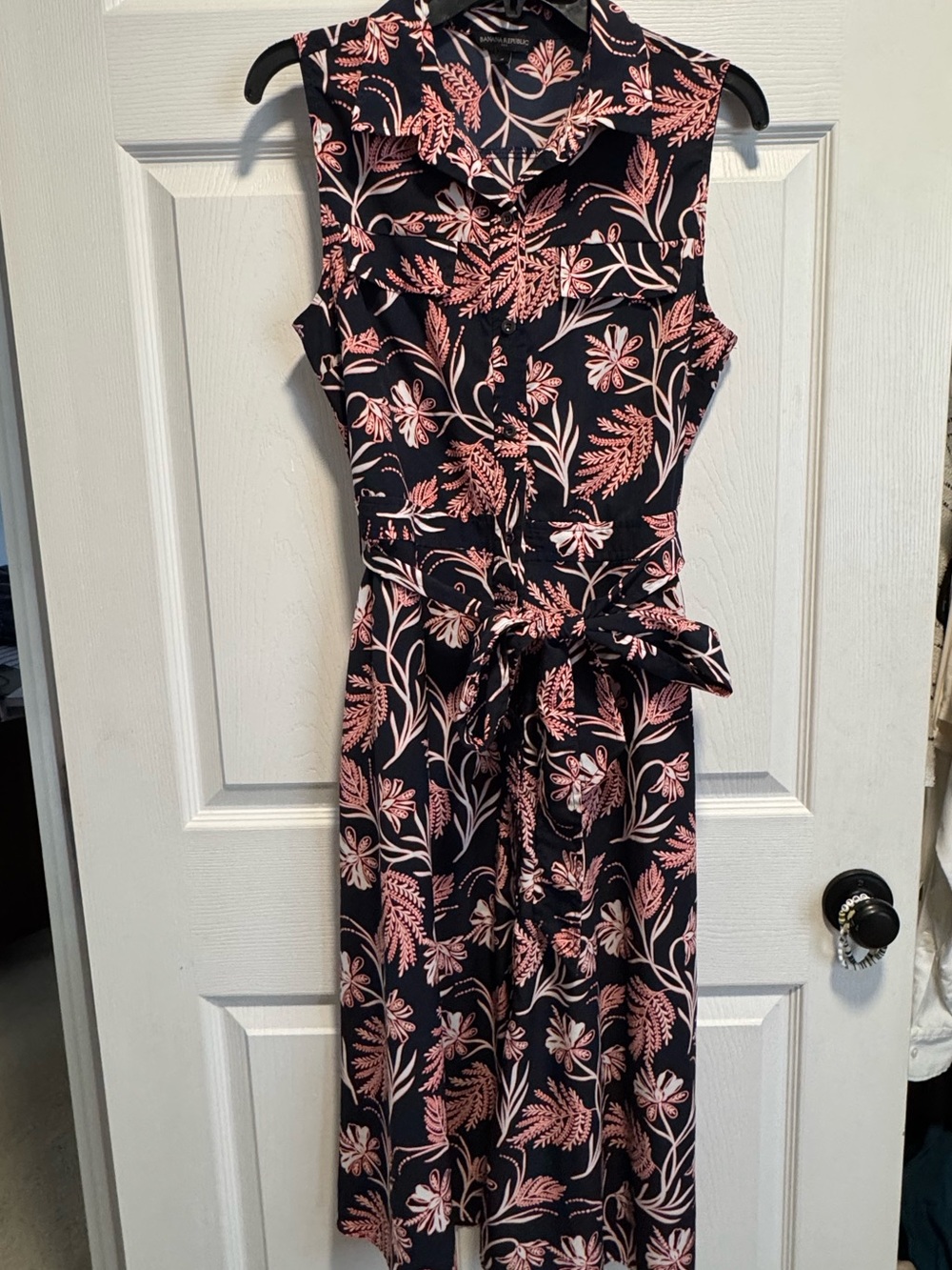 Banana Republic Navy Sleeveless Midi Dress with Pink Floral Print